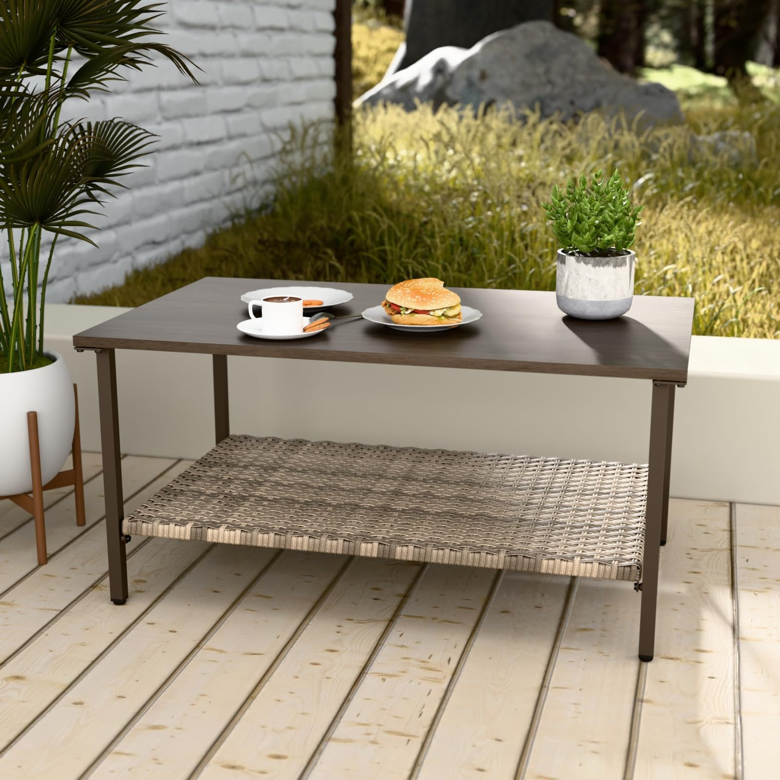 EAGLE PEAK Coastal Vista Outdoor Table with Wicker Shelf for Garden, Patio, Poolside and Porch, R... | Amazon (US)