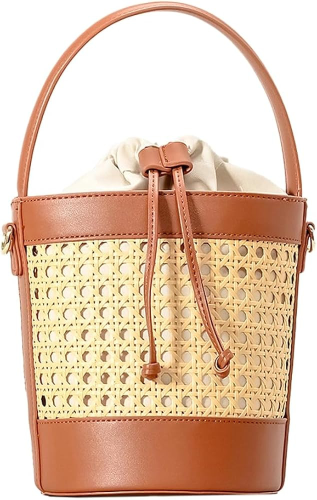 Rattan Bag for Women Straw Tote Bucket Bag PU Leather Summer Beach Bag Holiday Purses | Amazon (US)