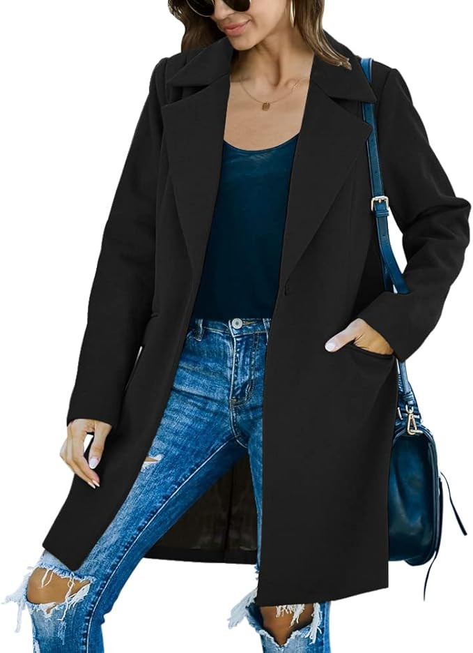 Fazortev Womens Casual Long Sleeve Wool Blend Pea Coat Lapel Notched Collar Warm Midi Jacket Over... | Amazon (US)