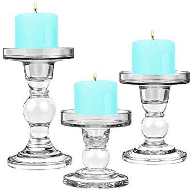 CYS EXCEL Glass Candle Holder Sets (D-3.5" H-3.5" | 4.5" | 5.5")(Set of 3) Glass Pillar & Taper C... | Amazon (US)