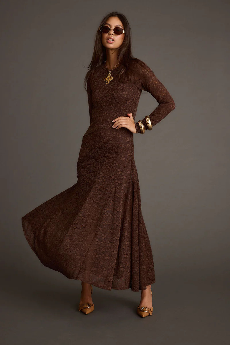 Tierra Brown Lace Long Sleeve Maxi Dress | 12th Tribe