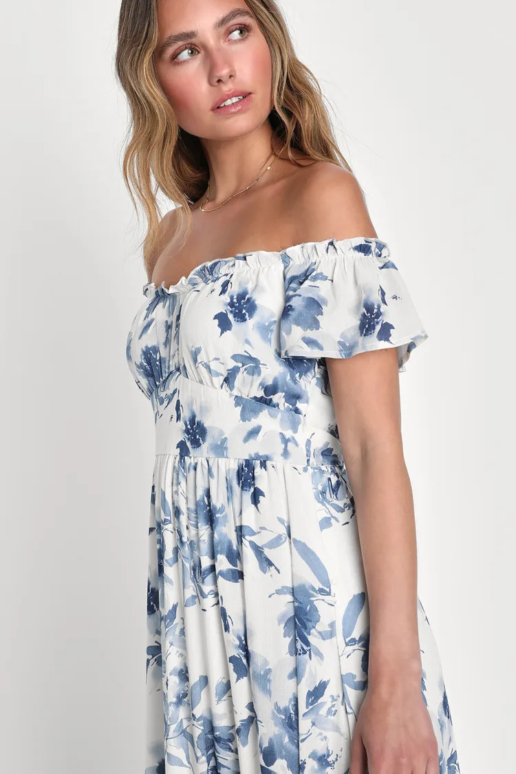 Delightfully Sweet White Floral Off-the-Shoulder Midi Dress | Lulus