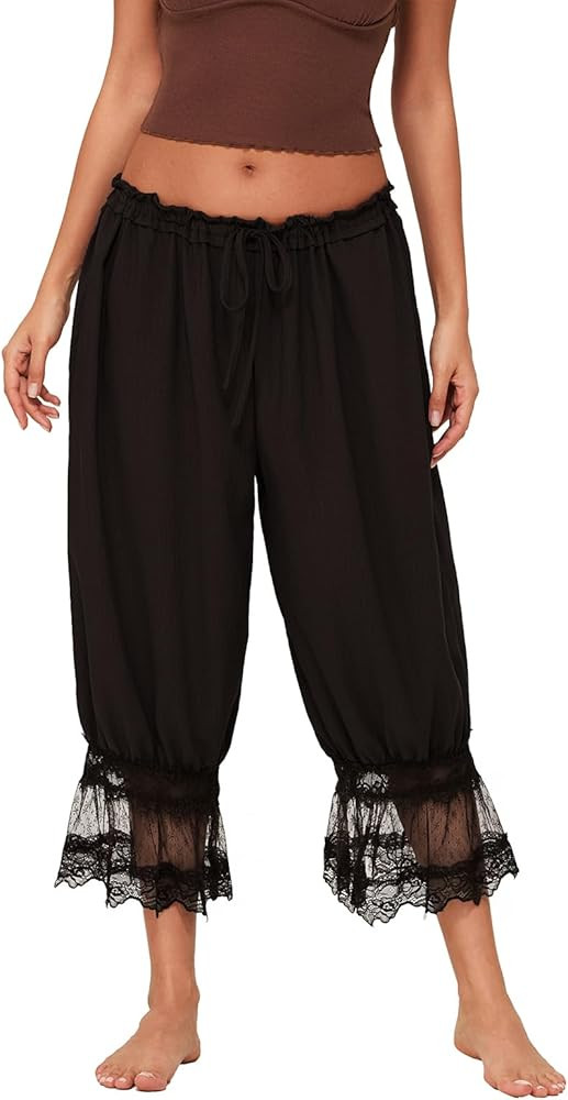 Women Lace Trim Long Bloomers Mid Rise Ruffle Going Out Cropped Pant Flared Pantaloons Elastic Wa... | Amazon (US)