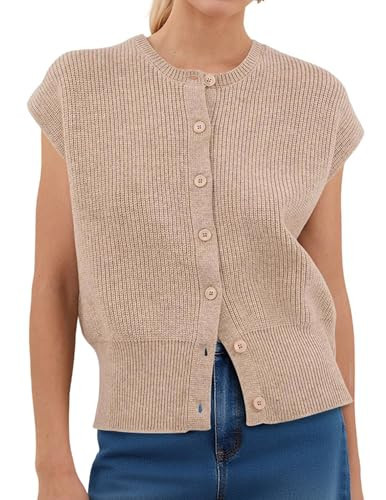Ziesexy Sweater Vest Women Sleeveless Button Down Round Neck Knitted Tank Tops Business Casual Fall Cap Sleeve Vest Apricot | Amazon (US)