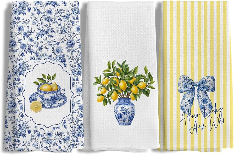 Amalfi Coast Decor Italian Lemon Kitchen Towels Set of 3, Blue and White Summer Tile Lemon Dish T... | Amazon (US)