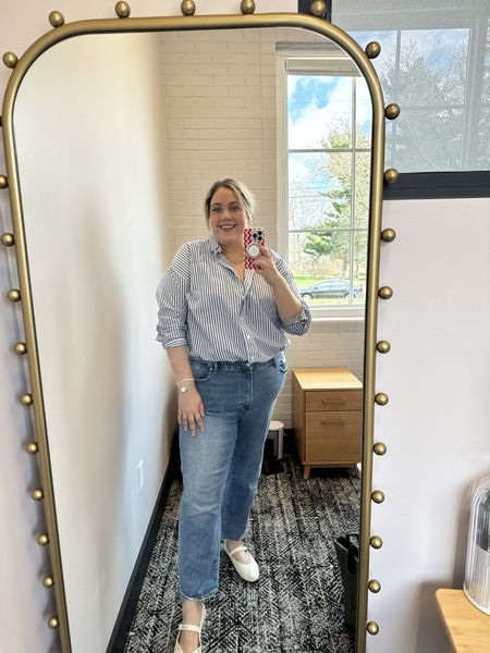 The Madewell Oversized poplin shirt is definitely oversized. But it's a very cooling shirt. It has a natural lived in look to it - even if you steam it. But it can be worn a few ways since it has a split hem - tucked in for work or more put together or untucked with leggings, jeans or other wide leg pants for the oversized look that's in right now. This top is longer in back than front. And it's very oversized. I didn't get plus and just got an XXL and it's still big on me. Size down at least one size or two sizes for more fitted look. 

Shoes are also Madewell flats and so cute. Love the white. They are very soft leather and true to size for me. Goes up to size 12. 

Jeans are the Always Fits Good American jeans! Very comfortable and I've been able to wear throughout my last 20 lbs of weight loss. I don't understand how they work, but they work for me  

#LTKplussize #LTKstyletip #LTKmidsize