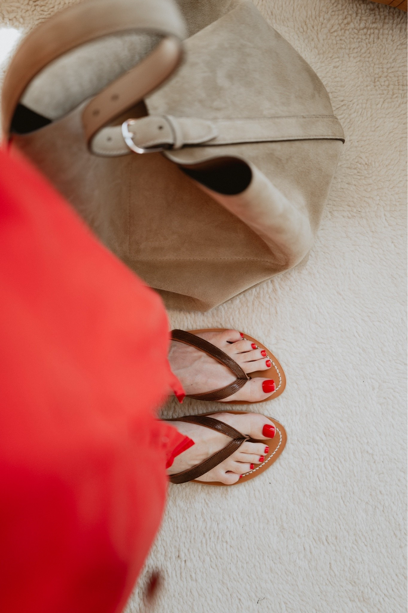 Beach 🏖️ or office: 
Brown Flip flops + taupe suede oversized tote + red dress
Toteme belted tote
K. Jacques St Tropez Torino sandals
The Frankie shop dress

#LTKootd #LTKSeasonal #LTKSwim