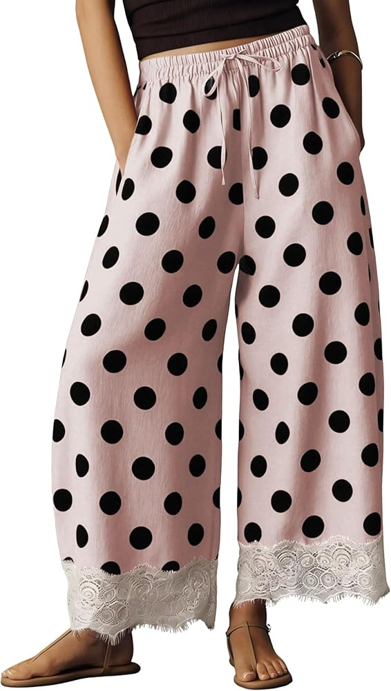 Athlisan Womens Polka Dot Wide Leg Palazzo Pants High Waisted Summer Lace Trim Cropped Baggy Trou... | Amazon (US)