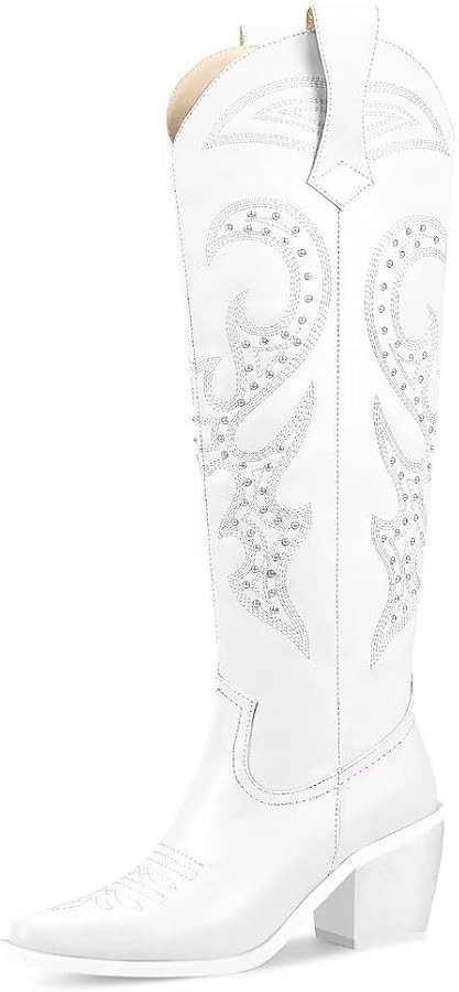 wetkiss Knee High Cowboy Cowgirl Boots for Women, with Unique Embroidery, Side Zipper and Chunky ... | Amazon (US)