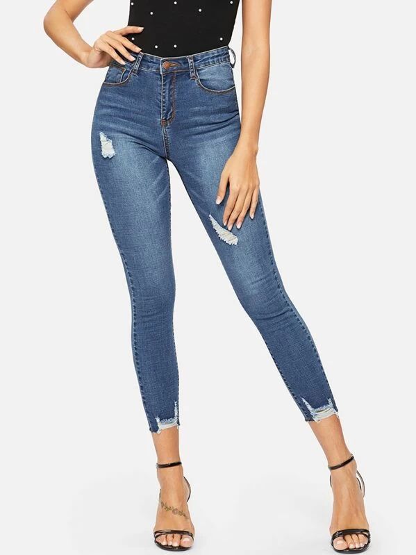 Ripped Frayed Hem Ankle Jeggings | SHEIN