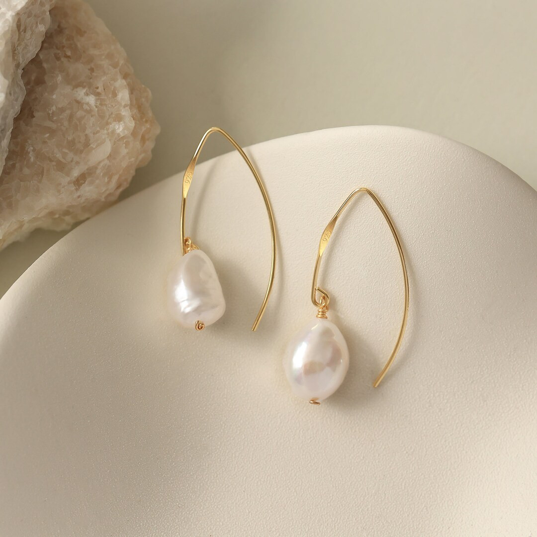 Dainty 18K Gold Baroque Pearl Earrings, Natural Teardrop Pearl Earhoop Jewelry Set, Wire 925 Sliv... | Etsy (US)