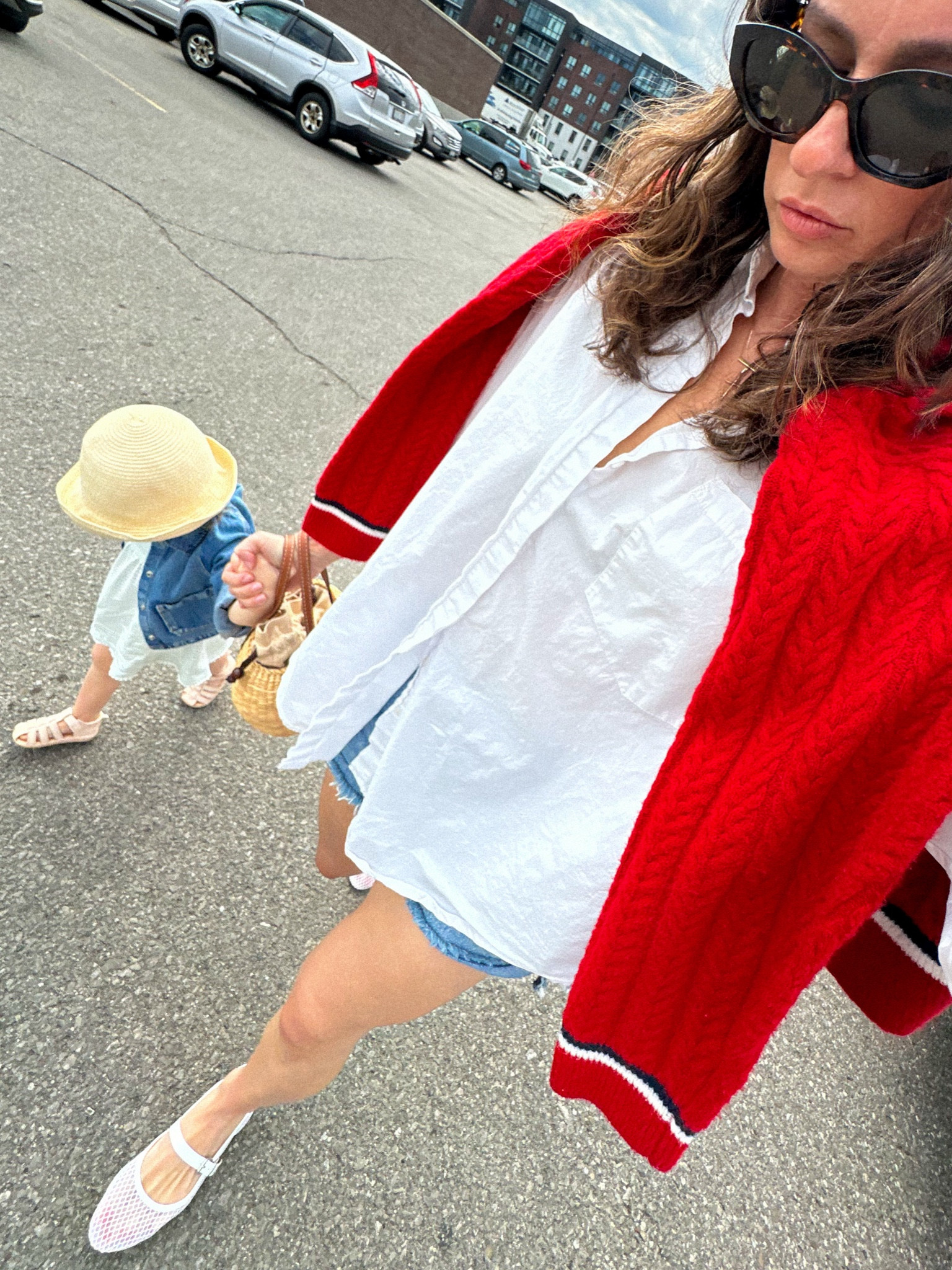 summer style, casual summer outfit, coastal summer style, oversized white shirt, mesh ballet flats, denim shorts, pop of red outfit, mom style

#LTKstyletip #LTKcanada