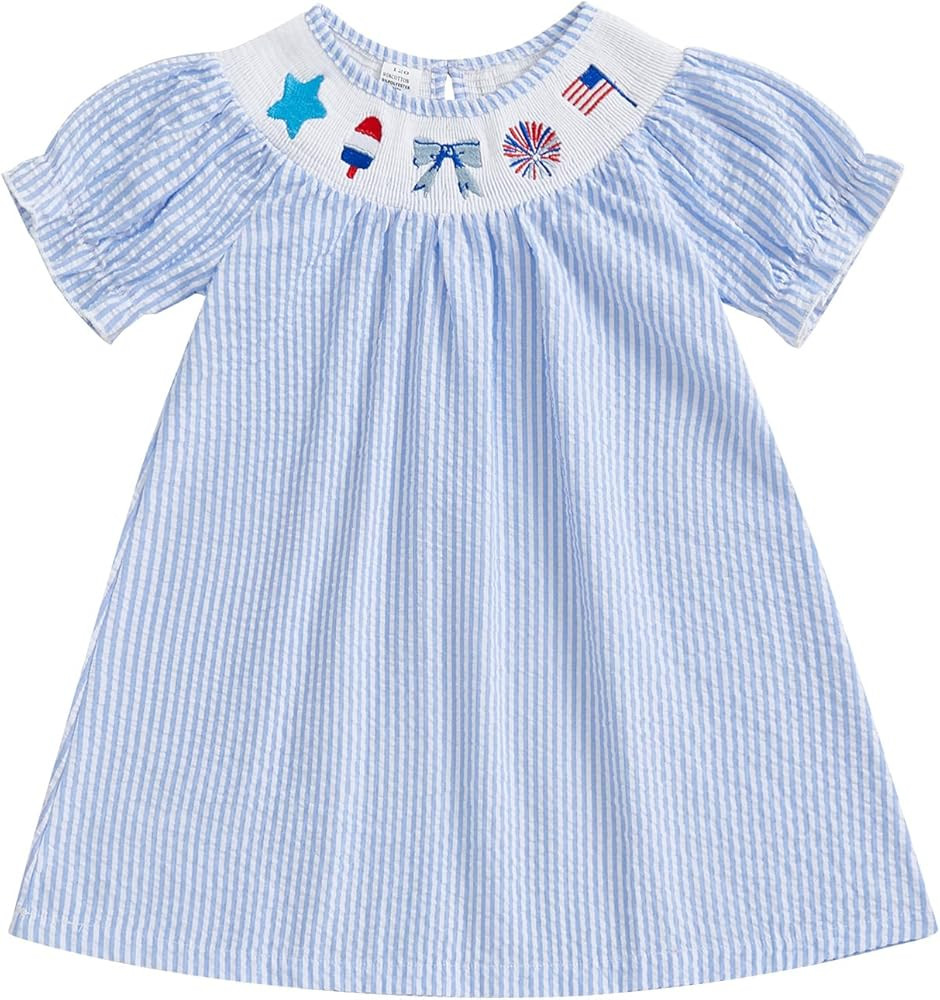 Adobabirl Toddler Baby Girl 4th of July Smocked Dress Puff Sleeve American Flag Embroidery Stripe... | Amazon (US)