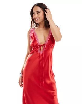Miss Selfridge satin lace trim maxi dress in red | ASOS (Global)