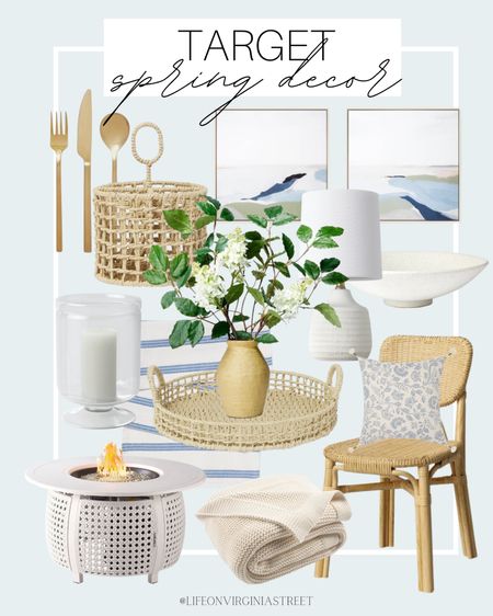 Spring target decor roundup! This includes this rattan dining chair, faux plant, gold silverware,  blue coastal artwork, a white table lamp, outdoor firepit, throw blanket, glass candle vase, utensil holder, tray, throw pillow, and blue table runner.

spring home decor, spring decor, spring dining decor, coastal style, coastal home, coastal finds, target home decor, rattan, faux flowers, outdoor decor, dining room decor, beach house decor

#LTKFind #LTKhome #LTKSeasonal