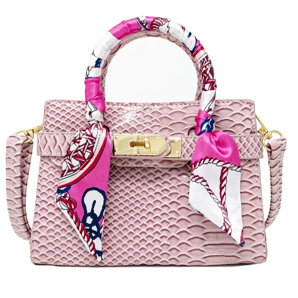 Patent "Crocodile" Buckle Bag with Scarf - Pink | JoJo Mommy