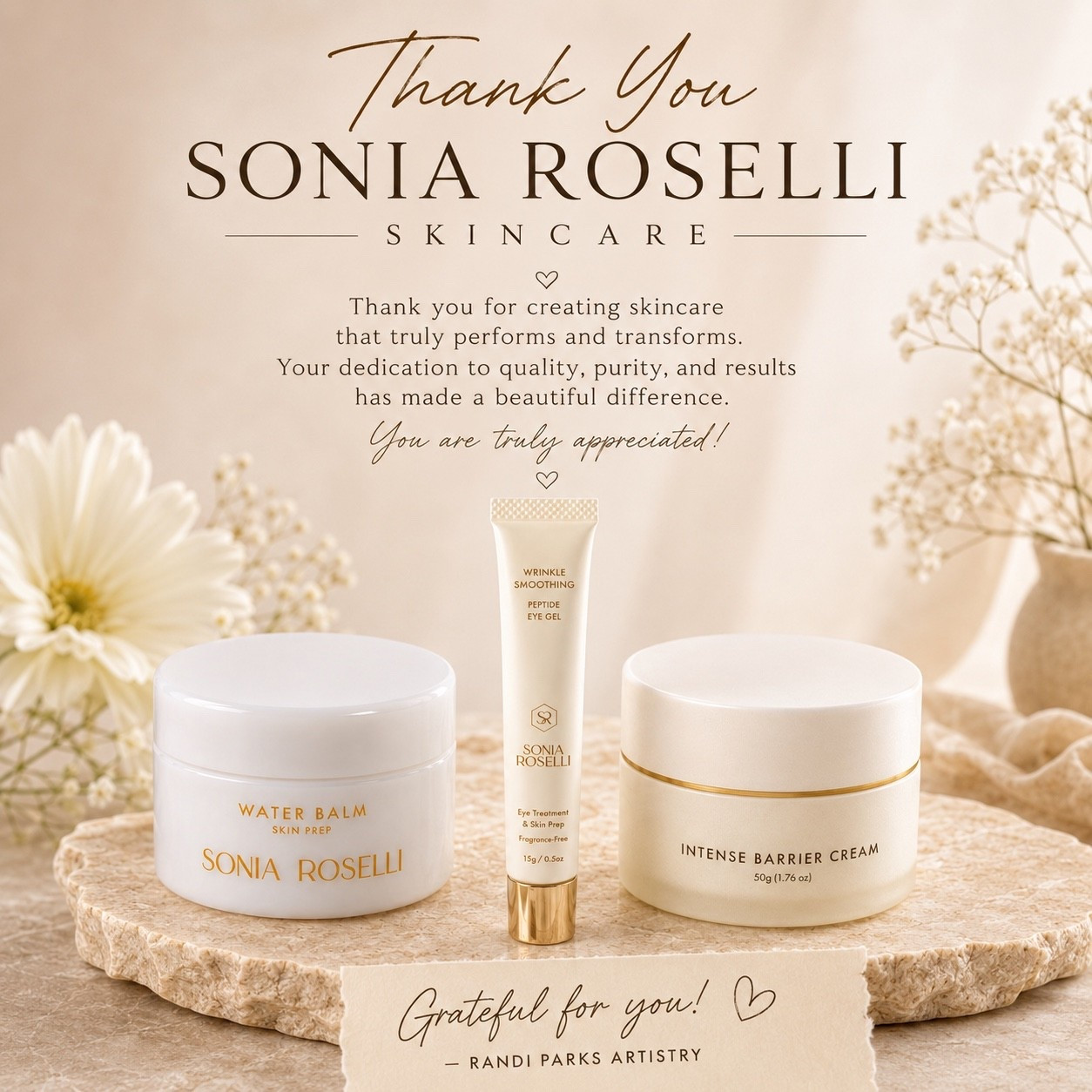 There are products… and then there are products that truly earn a permanent place in your kit. 🤍

A heartfelt thank you to Sonia Roselli Skincare for your incredible generosity and for creating skincare that performs beautifully on every skin type.

The Water Balm, Wrinkle Smoothing Peptide Eye Gel, and Intense Barrier Cream have quickly become favorites—not only for me, but for my clients too. They prep the skin beautifully and create the perfect canvas for flawless makeup.

Thank you for your kindness, your innovation, and your commitment to helping artists and clients look and feel their very best. I truly appreciate you! 🫶✨

With gratitude,
Randi Parks Artistry 🤍

#LTKselfcare #LTKmorningroutine #LTKBeauty