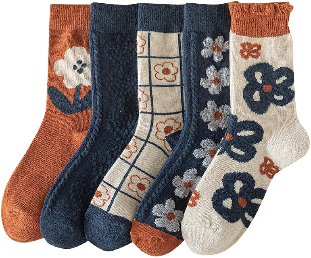 5/10 Pairs Wool Socks for Women Thick Knit Vintage Cute Floral Crew Socks | Amazon (US)