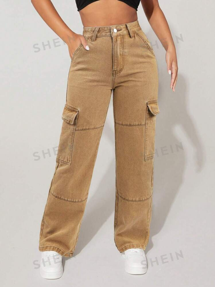 SHEIN PETITE Solid Color With Pockets Casual Straight Leg Jeans | SHEIN