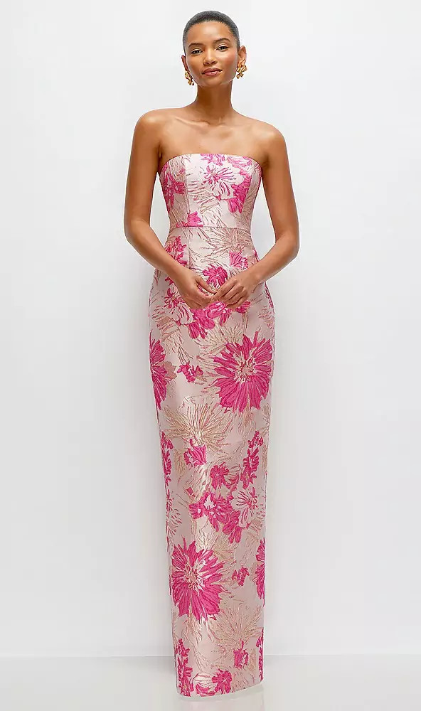 Hibiscus Pink Strapless Floral Jacquard Column Dress with Back Slit in Hibiscus Pink Multi | Dessy Group