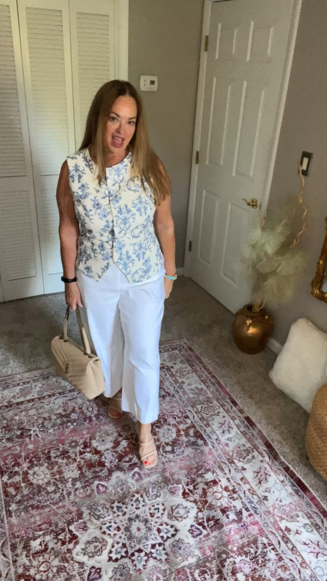 Blue french floral print vest!
What a beautiful summer addition that instantly elevates your look. Paired with white cropped dress slacks.

#LTKWorkwear #LTKOver40 #LTKSeasonal