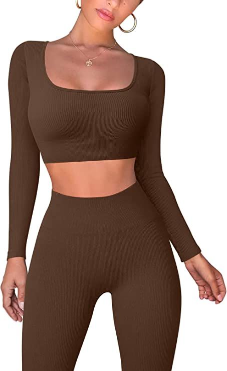 OQQ Workout Outfits for Women 2 Piece Ribbed Exercise Long Sleeve Tops High Waist Leggings Active... | Amazon (US)