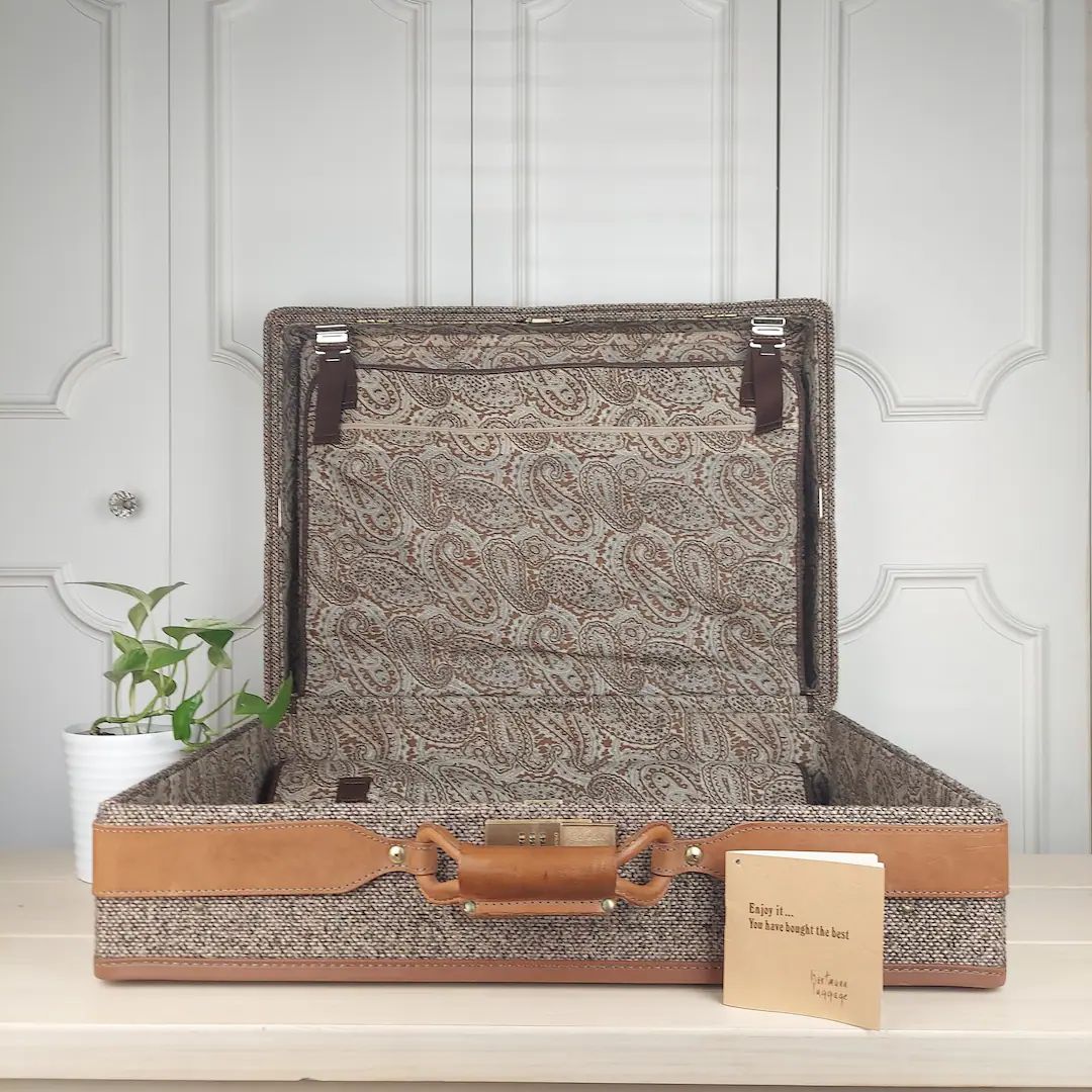 Vintage Hartmann Brown Leather Belt and Tweed Suitcase with Original Pamphlet, Vintage Luggage, C... | Etsy (US)