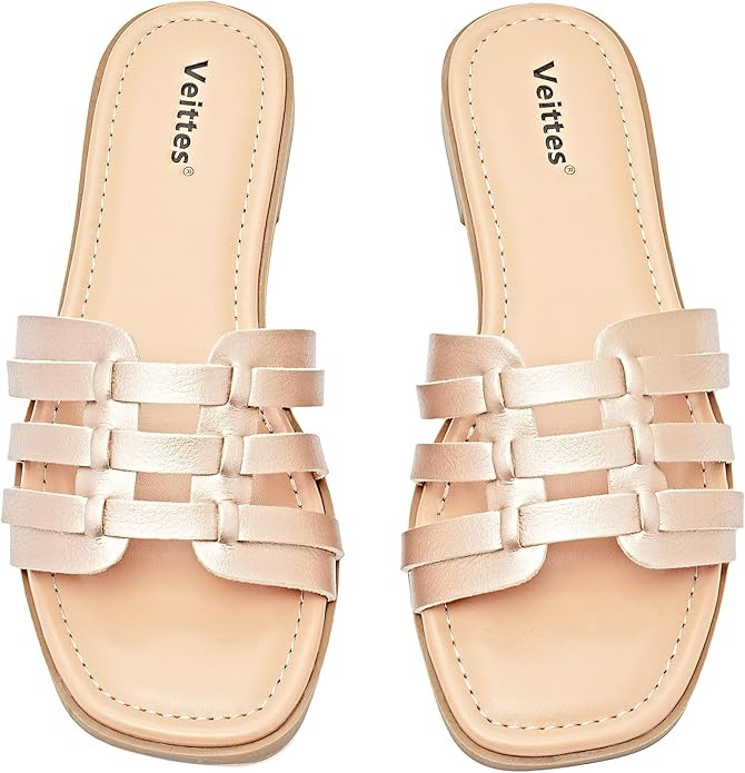 Veittes Women's Wide Width Flat Slide Sandals - Casual Classic Simple Strappy Slip on Flat Summer... | Amazon (US)