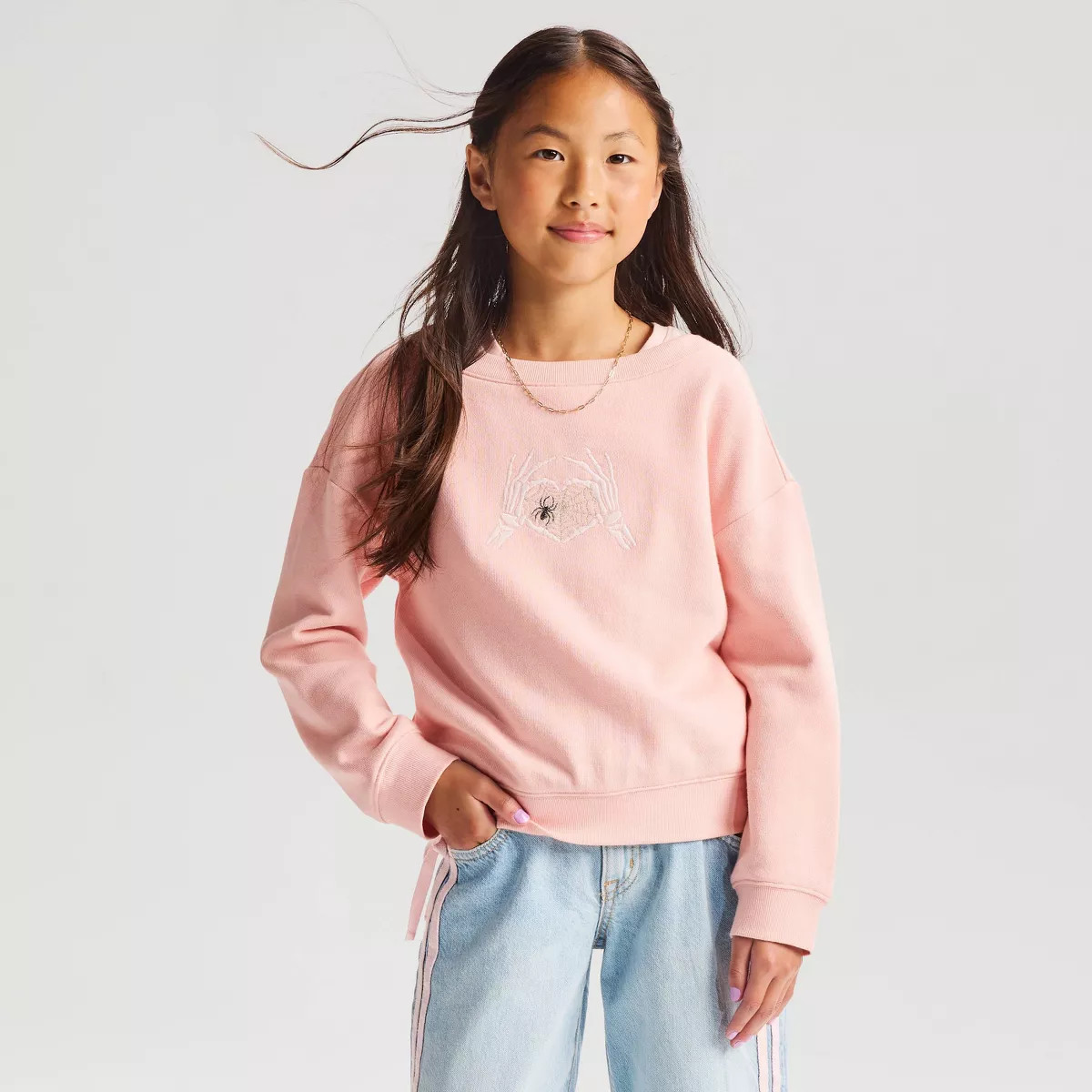 Girls' French Terry Halloween 'Skeleton Heart' Pullover Sweatshirt - Cat & Jack\u2122 Pink XS | Target