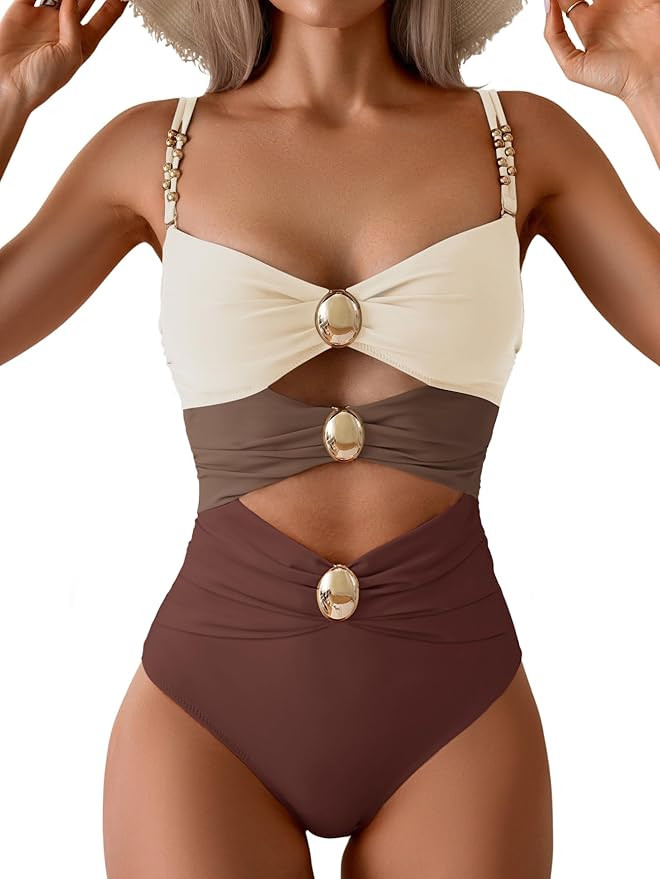 B2prity Cutout One Piece Swimsuit Tummy Control Ruched Monokini Color Block Bathing Suit for Crui... | Amazon (US)