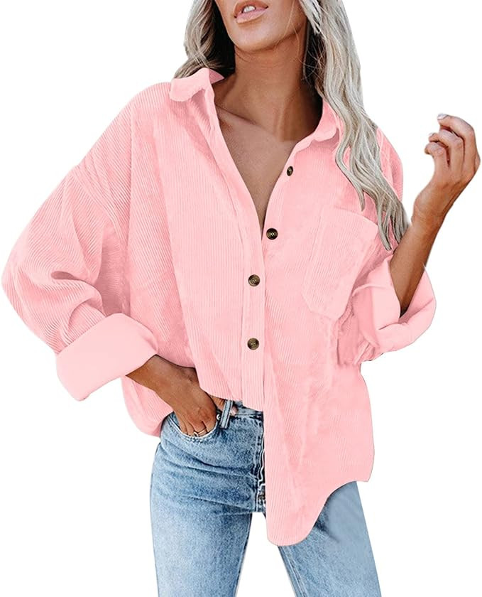 Cute Womens Tops Plus Size Womens Corduroy Button Down Shirt Oversized Blouses Tops Long Sleeve C... | Amazon (US)