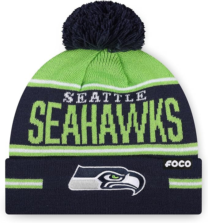 FOCO NFL Team Logo Big Wordmark Stripe Pom Beanie Hat | Amazon (US)