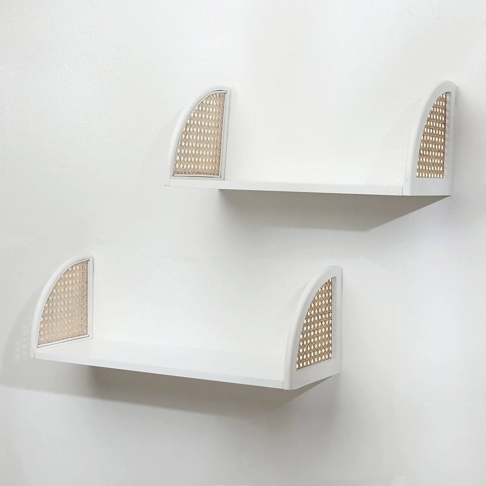 [PJ Collection] Decorative Wooden Wall Shelf with Rattan, Set of 2, Floating Shelves, Wall Mount,... | Amazon (US)