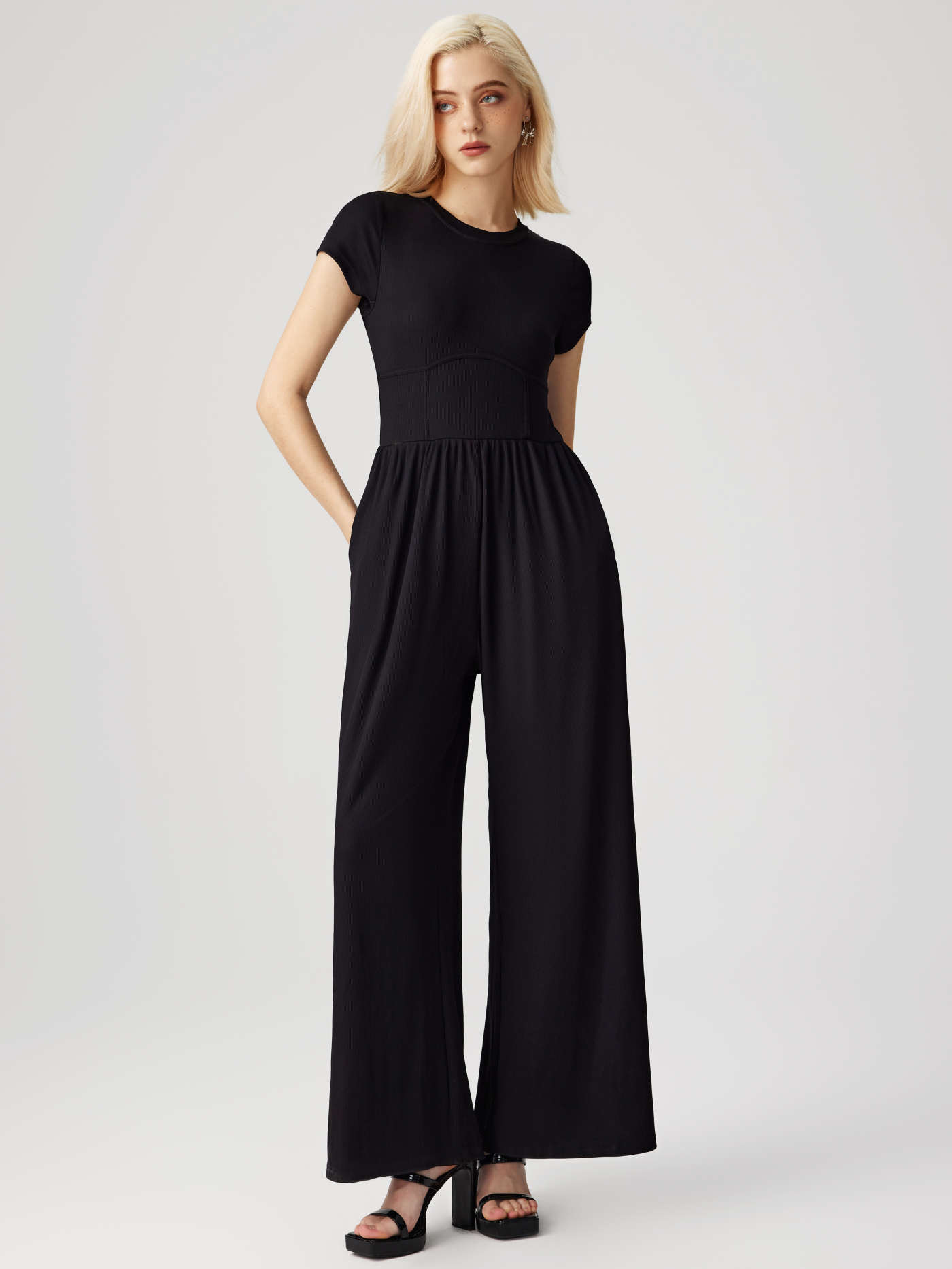 Round Neckline Ruched Wide Leg Jumpsuit | Cider