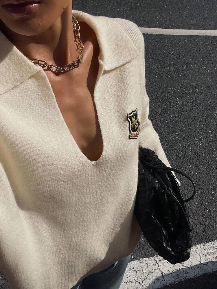 DAZY Collegiate Style V-Neck Turndown Collar Long Sleeve Knit Sweater For Women, Casual Fall | SHEIN