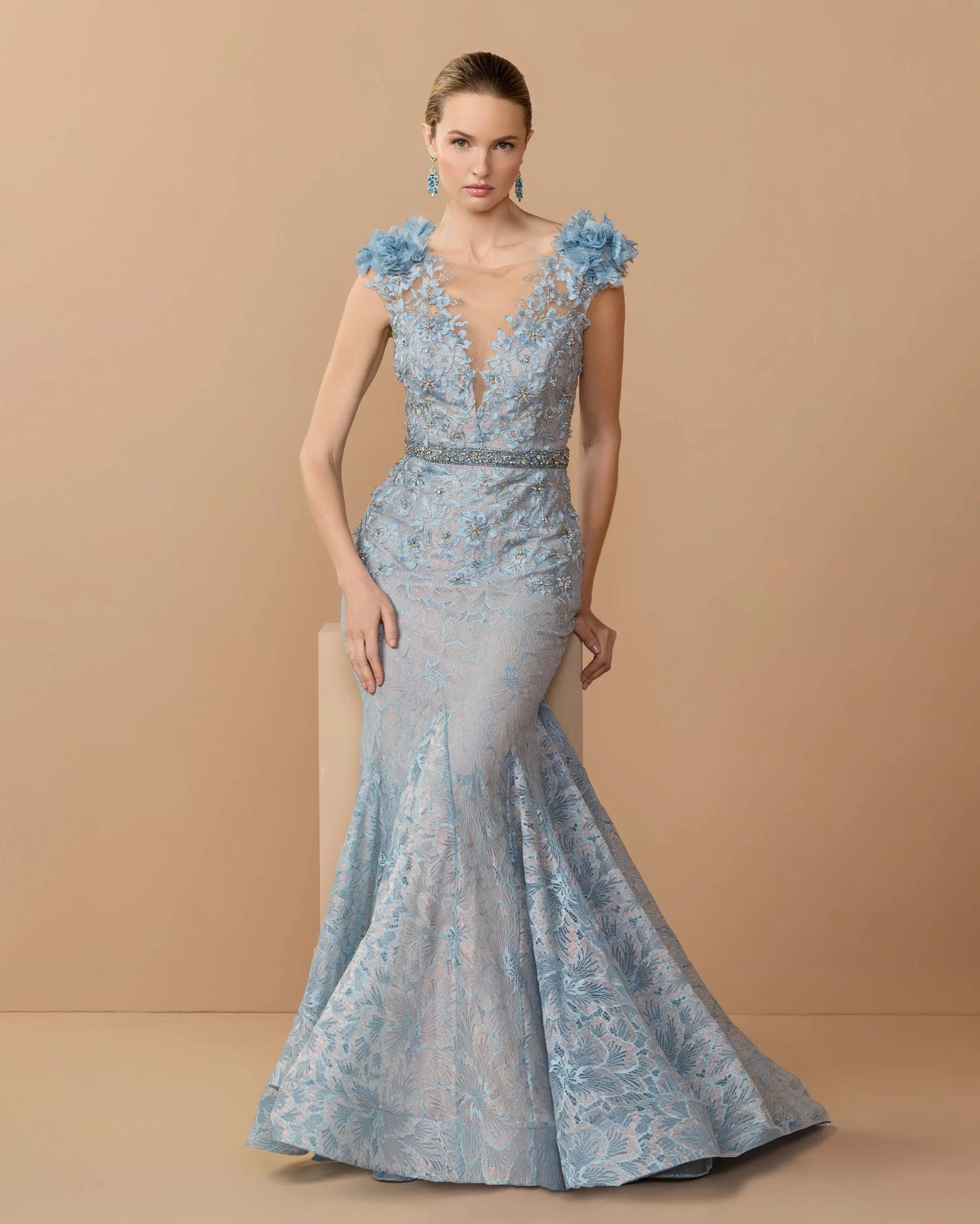 Blue Illusion Bodice Embroidered Trumpet Gown | Mac Duggal