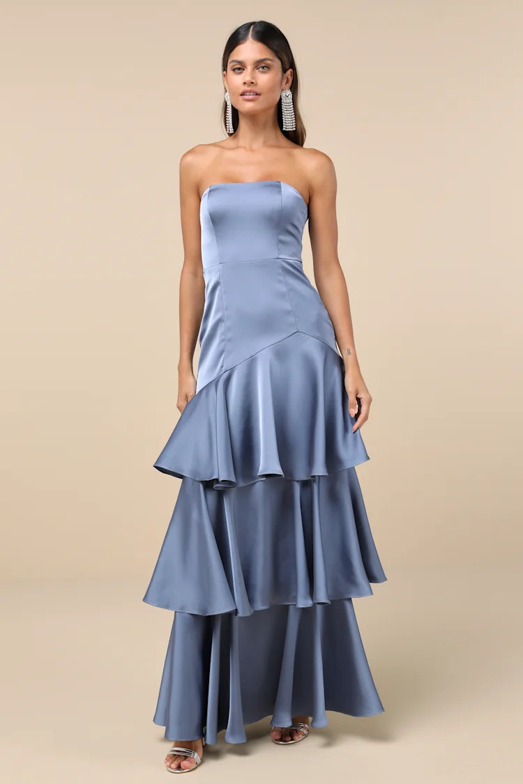 Blissfully Beautiful Slate Satin Strapless Tiered Maxi Dress | Lulus