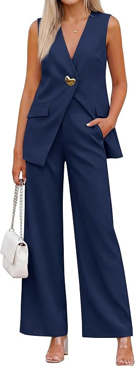 KIRUNDO Pant Suits for Women Dressy 2 Piece Business Casual Outfits Summer Sleeveless Blazer Vest... | Amazon (US)
