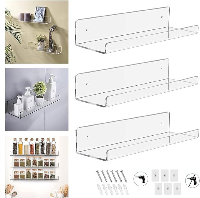 ionlyou Floating Shelves Shelf White Bookshelf 3 Pack Kitchen Shelves Without Drilling Acrylic Wa... | Amazon (UK)