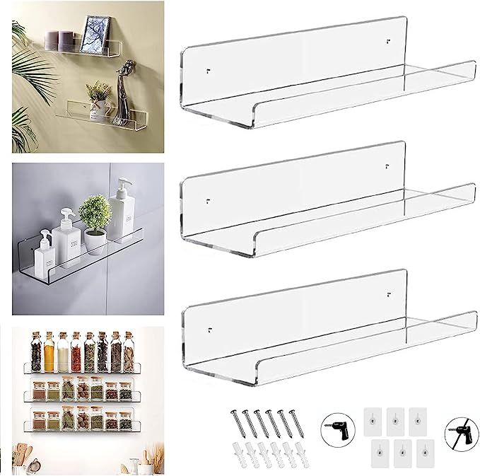 ionlyou Floating Shelves Shelf White Bookshelf 3 Pack Kitchen Shelves Without Drilling Acrylic Wa... | Amazon (UK)