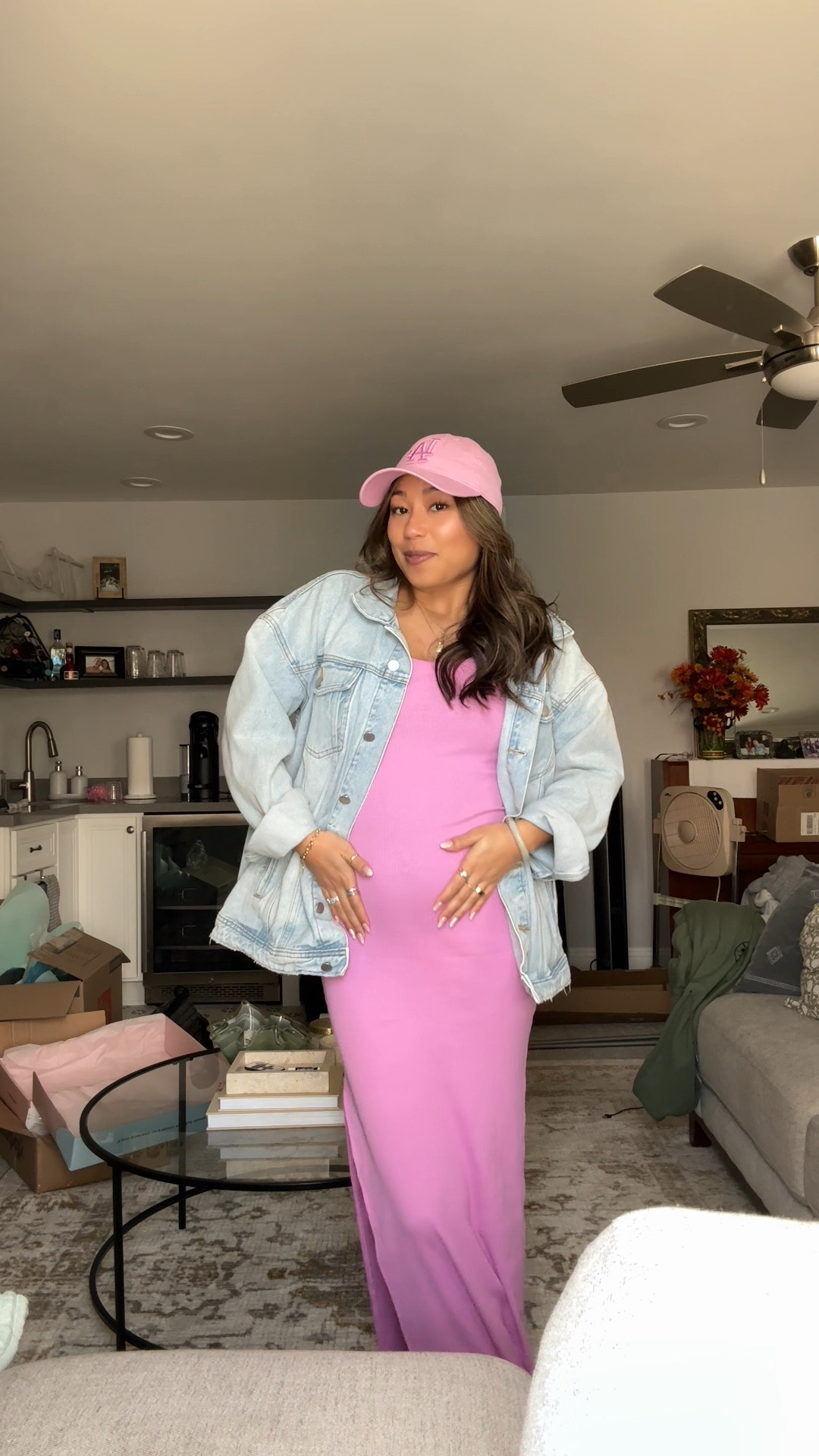 pink pregnancy outfit at 19 weeks 🩷 | wearing size S but could’ve done XS - there’s lots of room! so comfy! | pink dress | casual dress | pink maxi dress | oversized denim jacket | light denim jacket | baggy denim jacket | pink hat | pink dodger hat | pink baseball cap | pregnancy outfits | pregnancy style | target style | target fashion 

#LTKbump #LTKfindsunder50 #LTKVideo