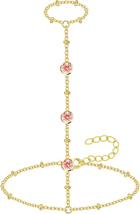 Spring Pink Hand Chain Bracelets for Women, Dainty Gold Ring Bracelet with Created Pink/Red/Blue/... | Amazon (US)