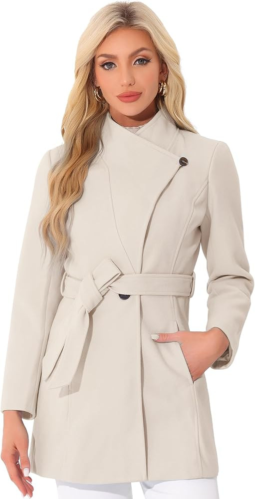 Allegra K Women's Classic Stand Collar Long Sleeve Winter Belted Long Coat | Amazon (US)