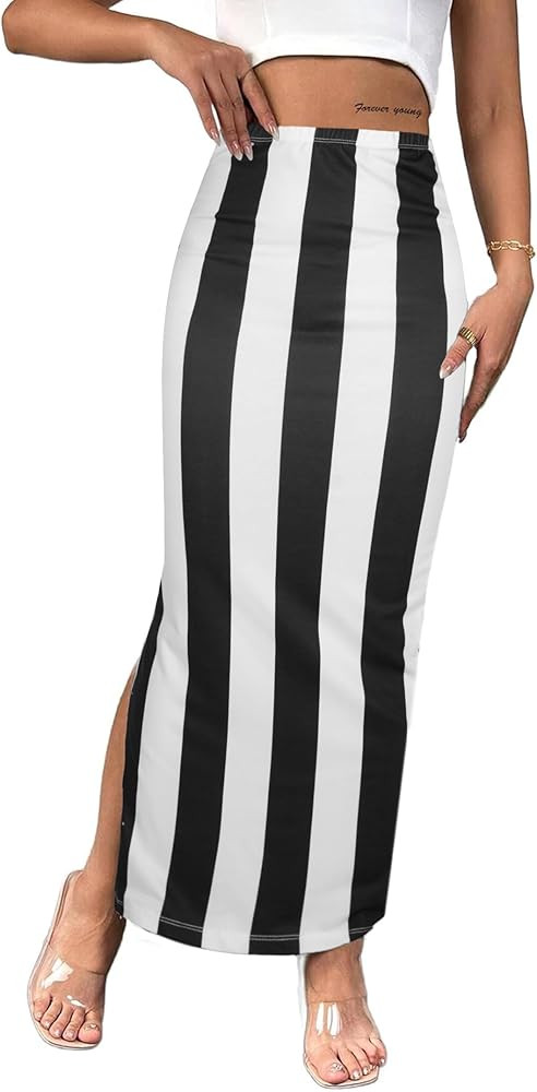 Avanova Women Striped Split Slit Long Skirt High Waisted Ribbed Knit Bodycon Skirt | Amazon (US)