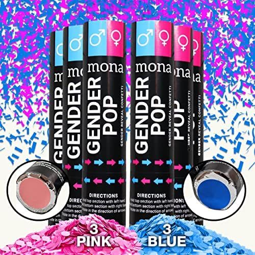 Mona Gender Reveal Confetti Cannon- 6-Pack (3 Blue, 3 Pink) - Gender Reveal Confetti Poppers, Bab... | Amazon (US)