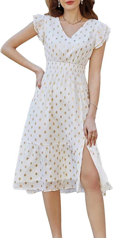 GRACE KARIN Women's V Neck Ruffle Sleeve Summer Dress 2023 Split Flowy Tiered Midi Dress Wedding ... | Amazon (US)