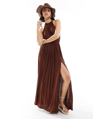 ASOS DESIGN halter neck maxi dress with gathered waist in chocolate | ASOS (Global)