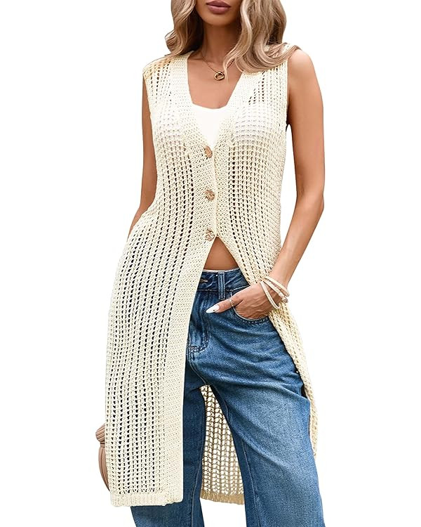 Cakulo Womens Sleeveless Crochet Cardigans Beach Cover Up 2025 Summer Long Knit Sweater Vest Tops | Amazon (US)