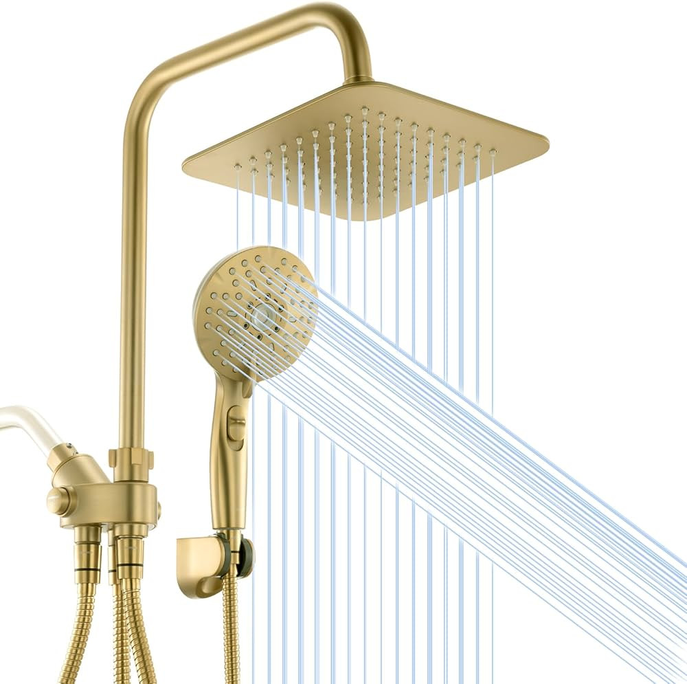Dual Shower Head Combo, Gold 8'' High Pressure Rain/Rainfall Shower Head,5 Settings Adjustable Ha... | Amazon (US)