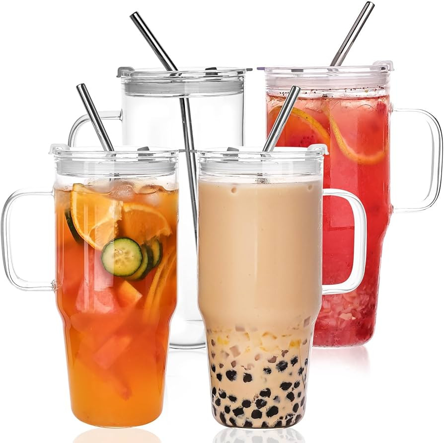 33oz Glass Tumbler with Lid and Straw, 4 Pack Glass Cup with Handle, Iced Coffee Cups, Thick Drin... | Amazon (US)